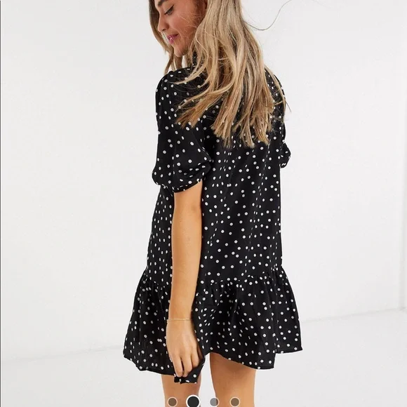 Drop waist shirt dress . Puff sleeves with Polka dots - Picture 3 of 4